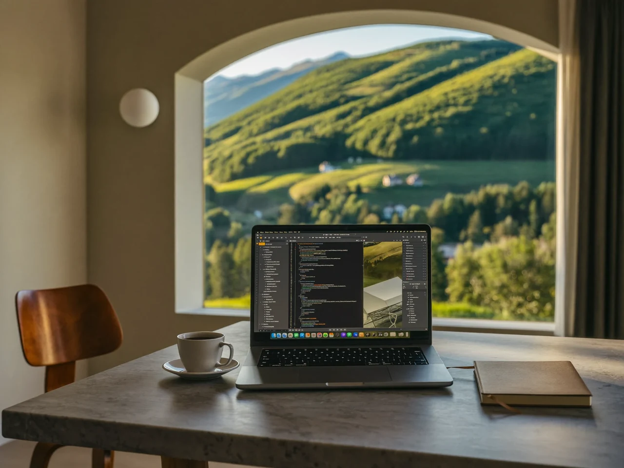 Helle Lernecke mit Laptop, Notizbuch und Blick auf Alpenhügel im Morgenlicht