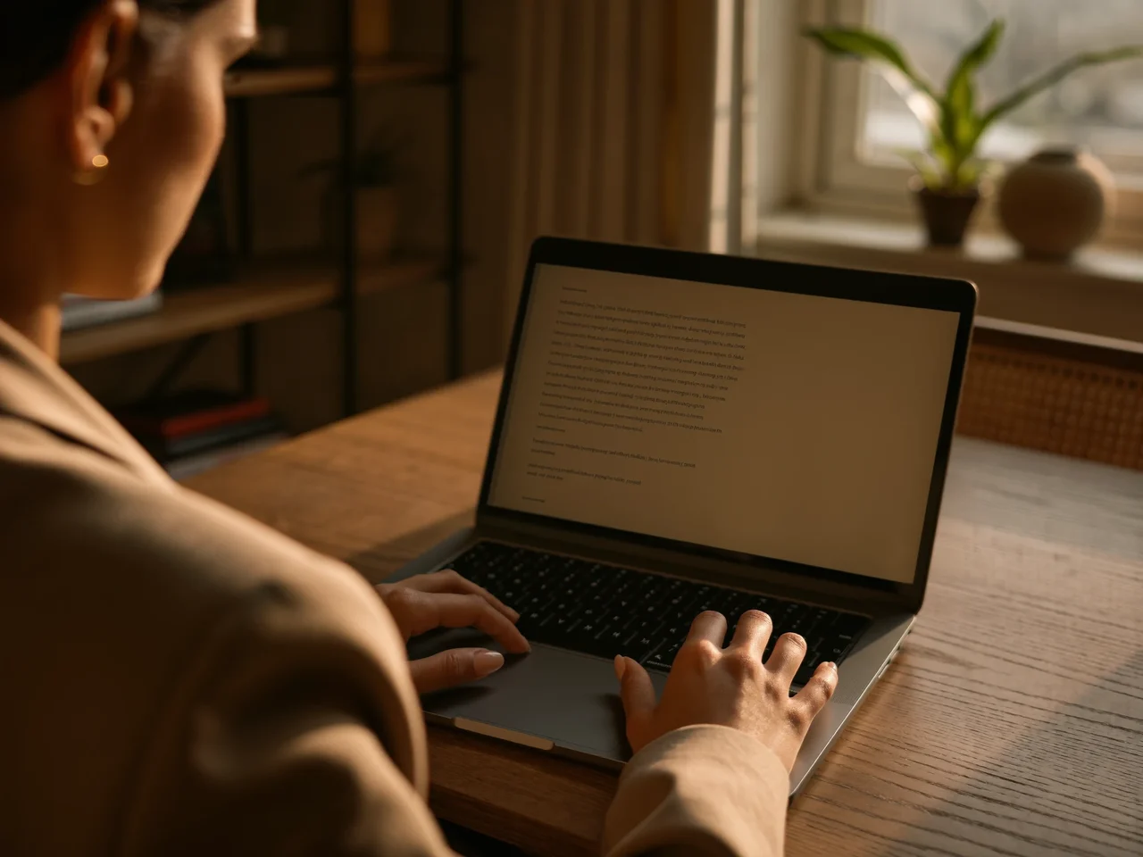Anfänger tippt am Holzschreibtisch auf dem Laptop, Hände im Fokus