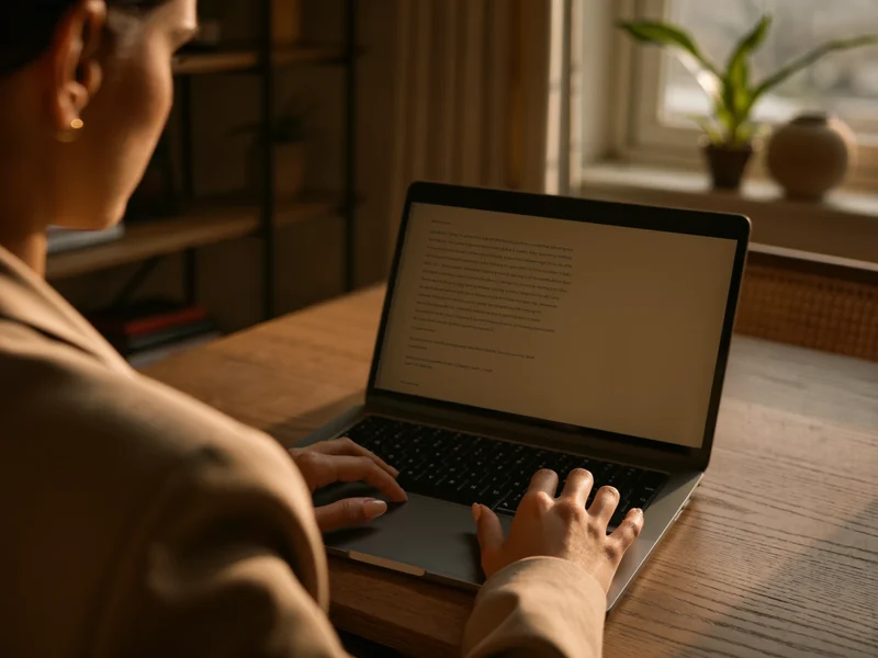 Anfänger tippt am Holzschreibtisch auf dem Laptop, Hände im Fokus