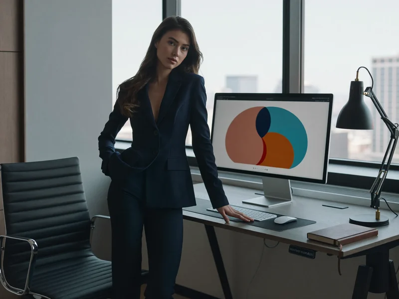 Person am Stehpult betrachtet abstrakte farbige Diagrammformen auf grossem Monitor