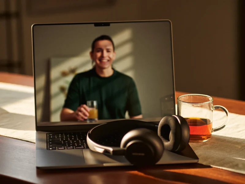 Mentor und Lernender im Videogespräch mit Headset und Teebecher am Abend